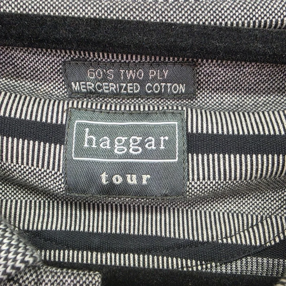 L‎ Haggar Tour Mens Large Grey Black Striped Mercerized Cotton Polo Short Slv